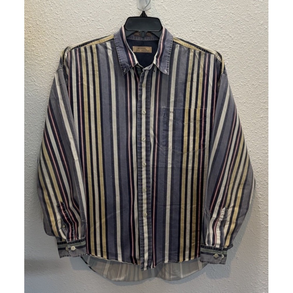 VTG Guess Classic Sportswear Blue Striped Button Down Mens L, 80's Retro *Read*